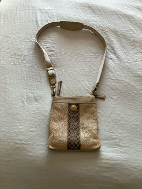 Coach Tan Pebbled Leather Crossbody with Signature Stripe